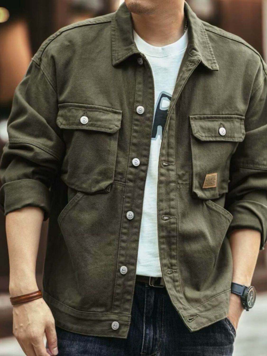 Men's Washed Collared Neck Cargo Jacket for Everyday Wear