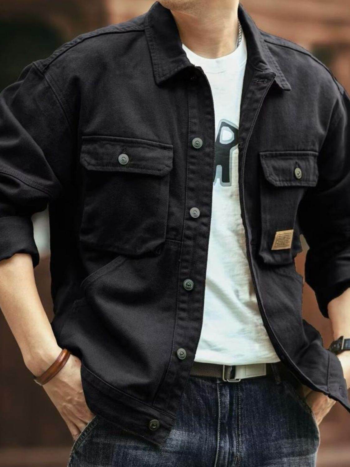 Men's Washed Collared Neck Cargo Jacket for Everyday Wear