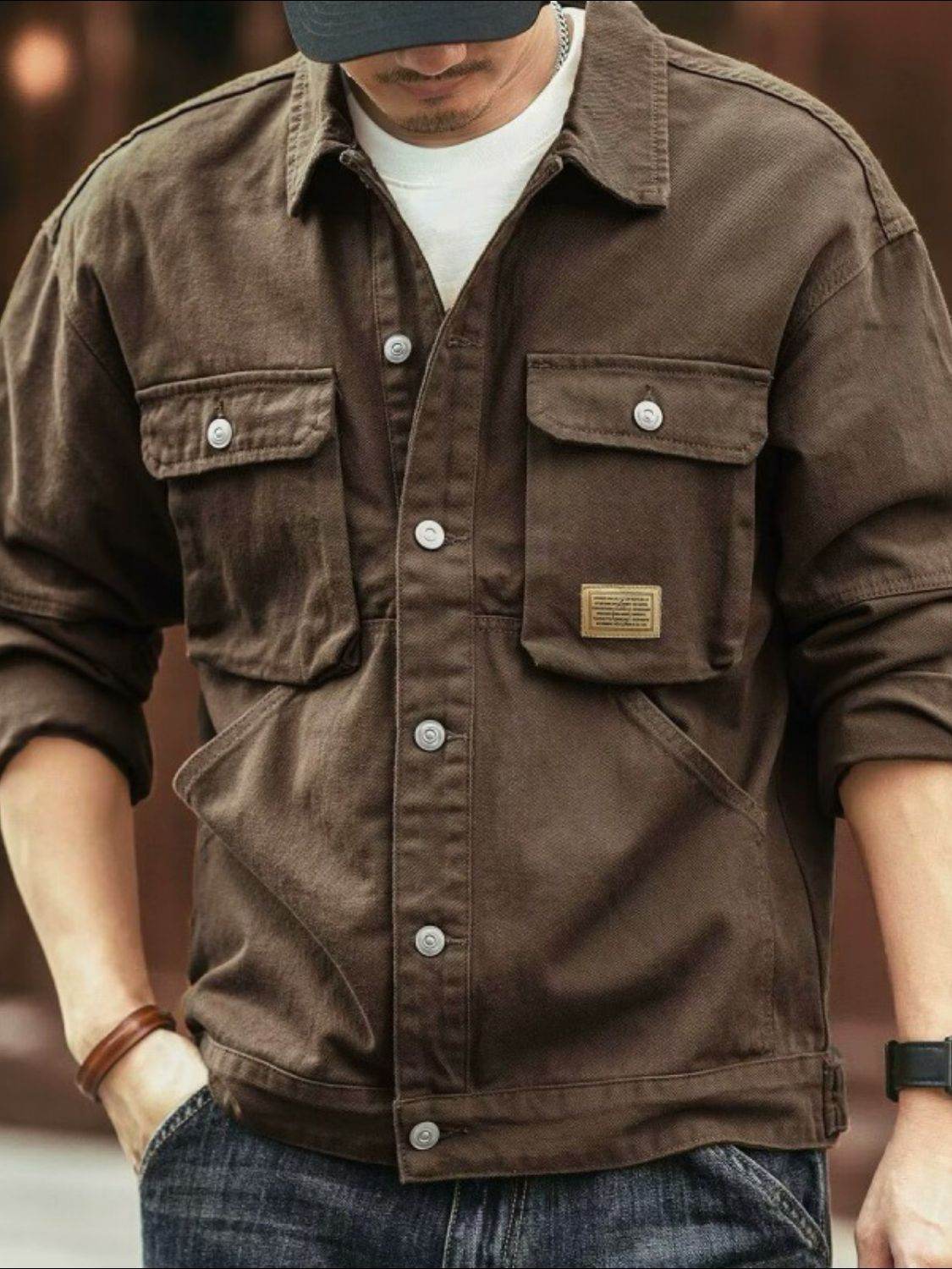 Men's Washed Collared Neck Cargo Jacket for Everyday Wear