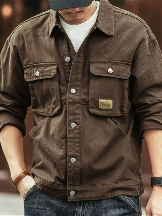 Men's Washed Collared Neck Cargo Jacket for Everyday Wear