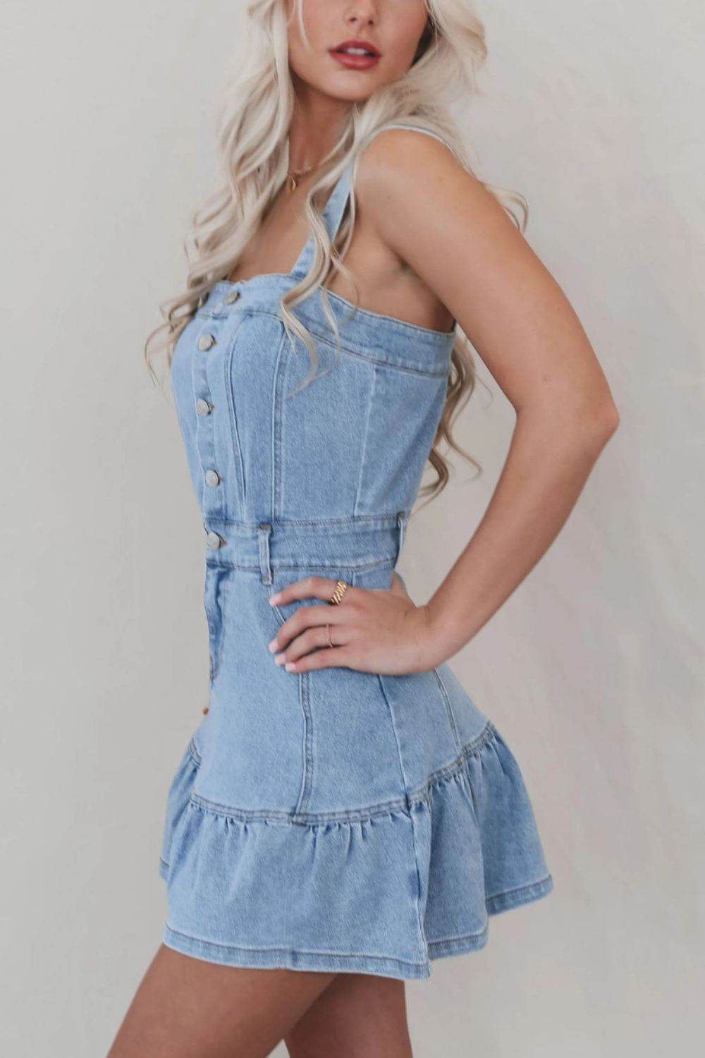 Ruffled Hem Button Front Square Neck Denim Dress - Mayzelyn Shop 