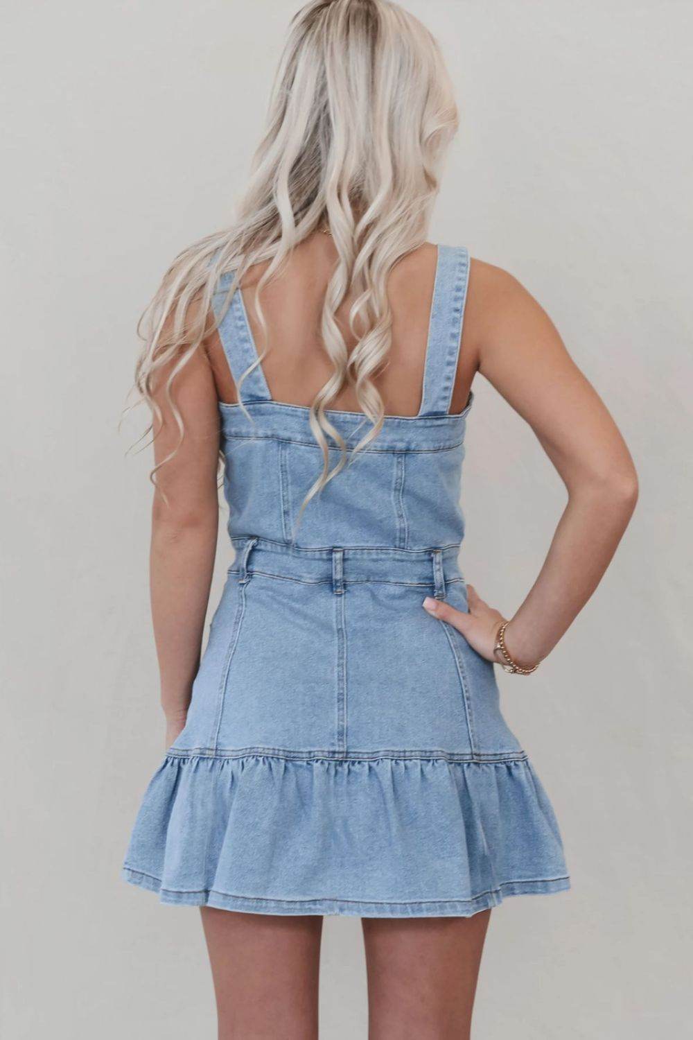 Ruffled Hem Button Front Square Neck Denim Dress - Mayzelyn Shop 