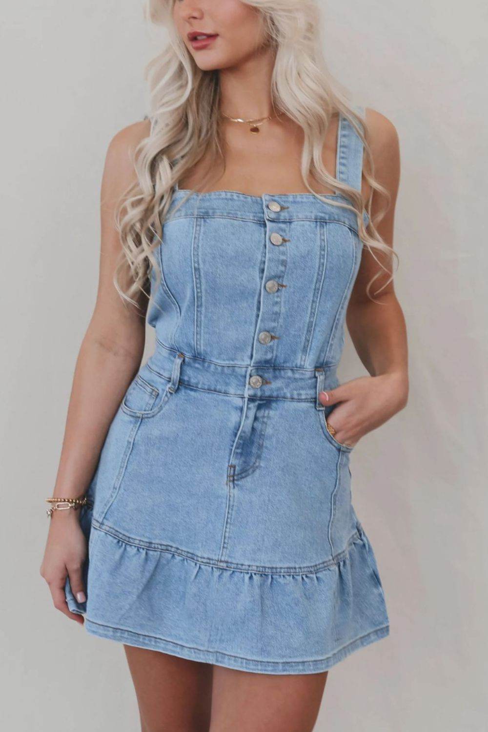 Ruffled Hem Button Front Square Neck Denim Dress - Mayzelyn Shop 