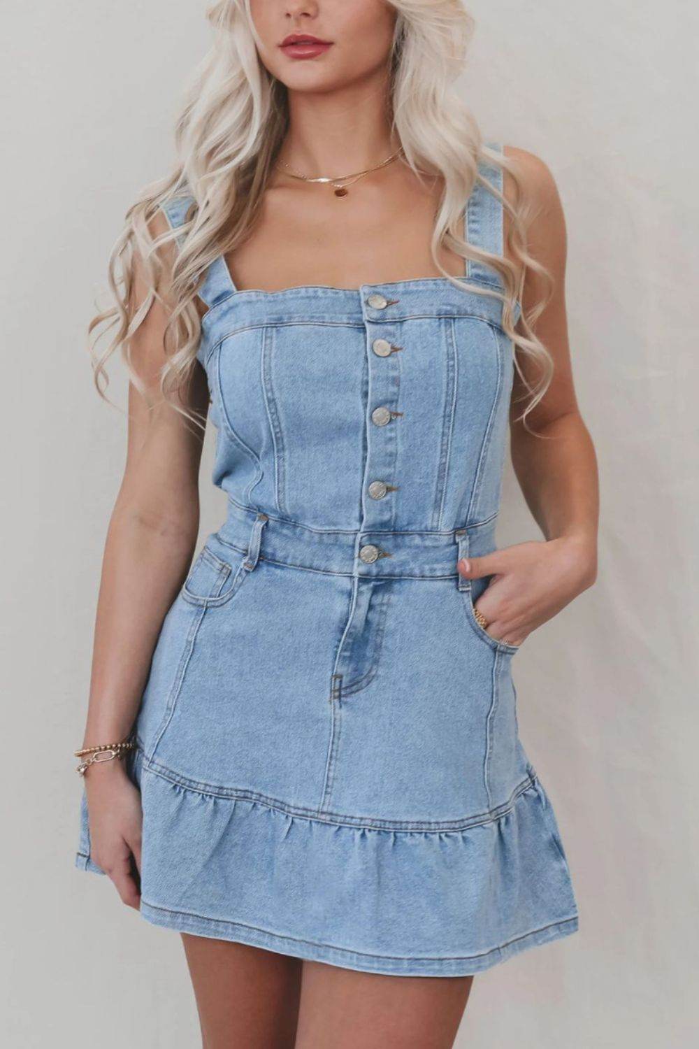 Ruffled Hem Button Front Square Neck Denim Dress - Mayzelyn Shop 