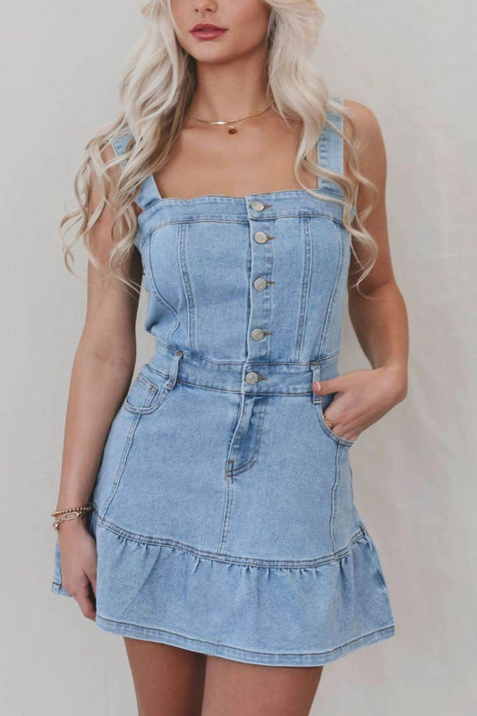 Ruffled Hem Button Front Square Neck Denim Dress - Mayzelyn Shop 
