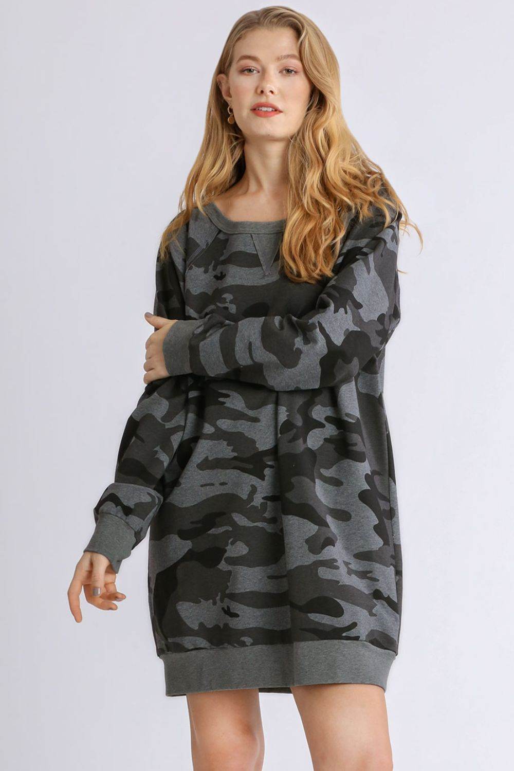 Umgee Full Size Camo Print Ribbed Hem Mini Dress Plus Size