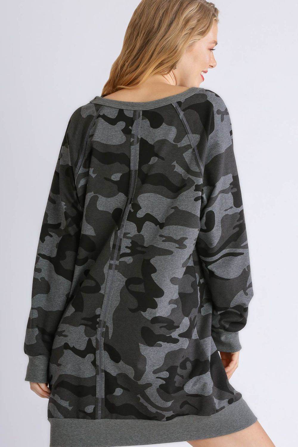 Umgee Full Size Camo Print Ribbed Hem Mini Dress Plus Size