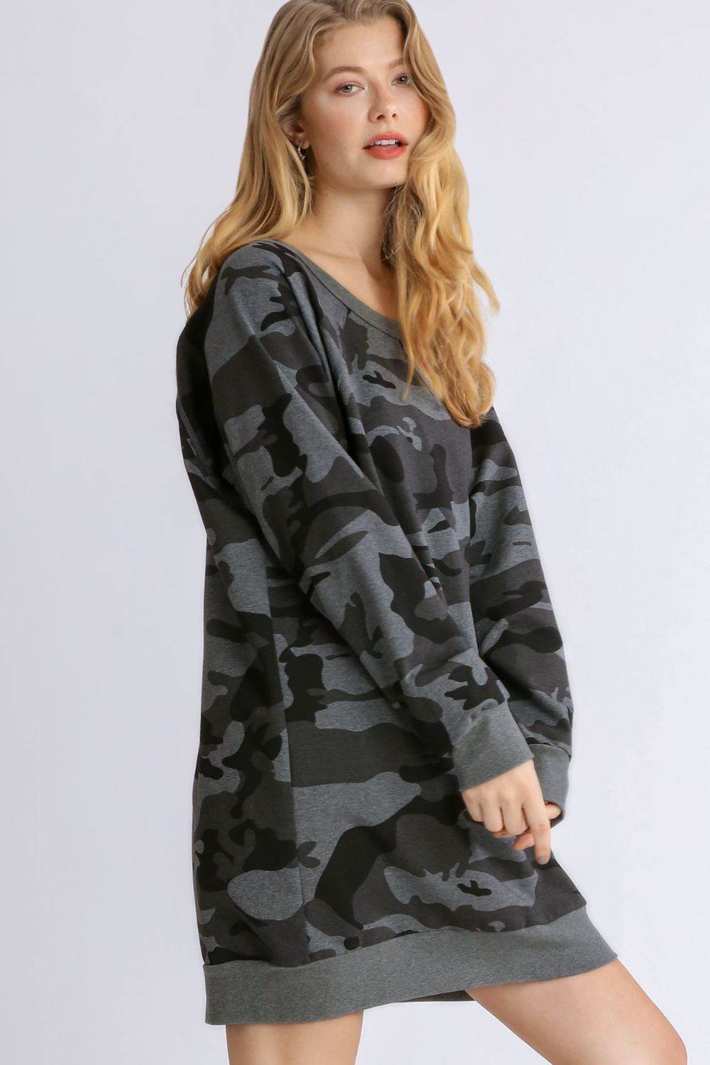 Umgee Full Size Camo Print Ribbed Hem Mini Dress Plus Size