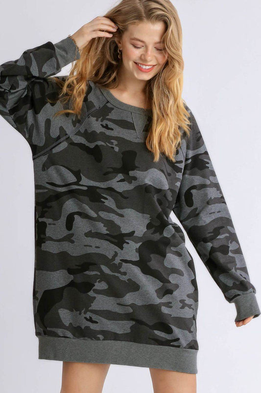 Umgee Full Size Camo Print Ribbed Hem Mini Dress Plus Size