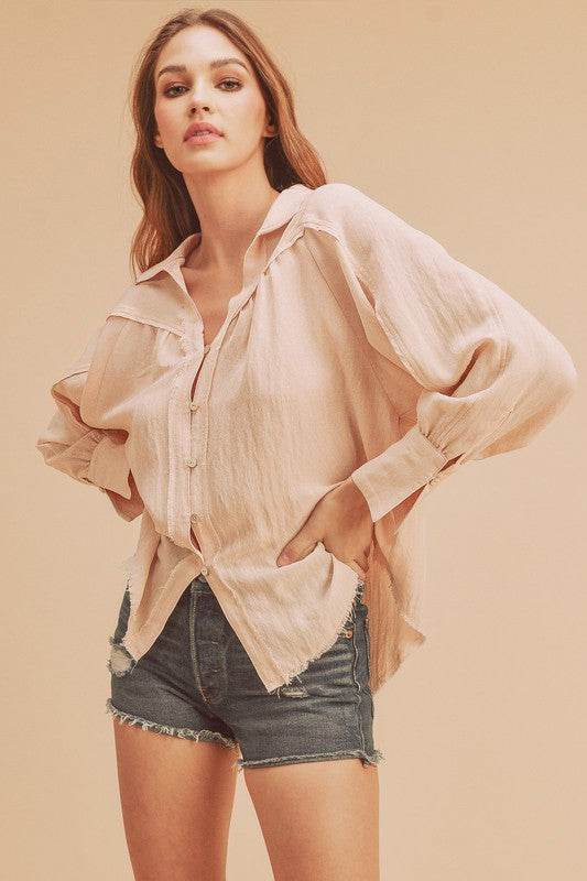 Aemi + Co Raw Hem Button Down Raglan Sleeve Shirt - Mayzelyn Shop