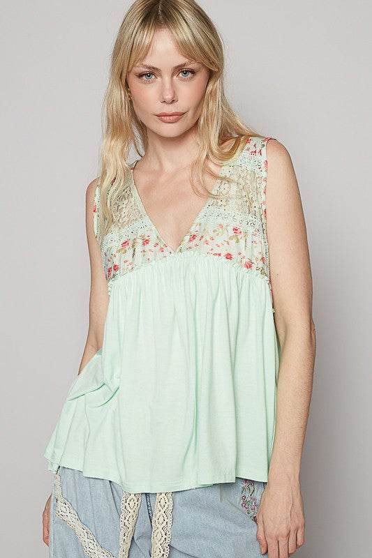 POL Lace Detail Frill Floral V-Neck Sleeveless Top - Mayzelyn Shop