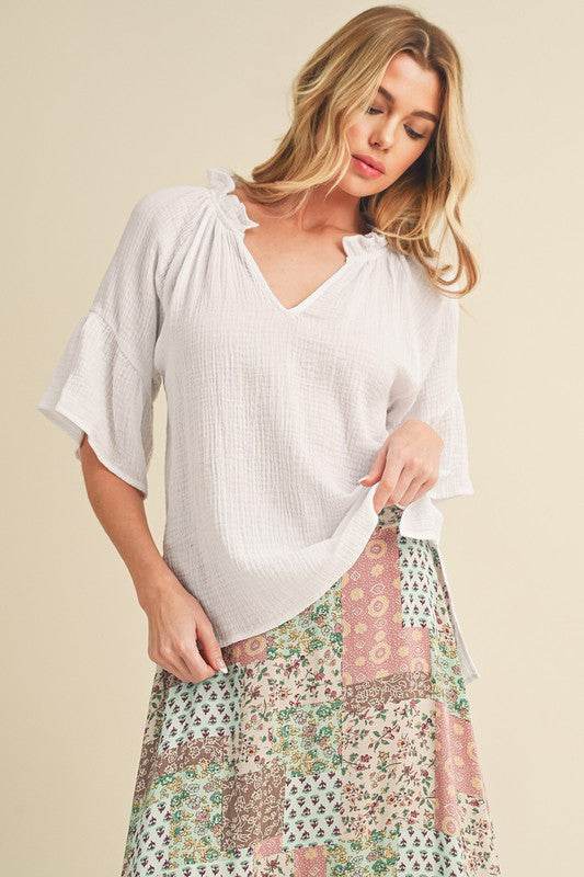 Aemi + Co Side Slit Notched Ruffled Half Sleeve Blouse - Mayzelyn Shop