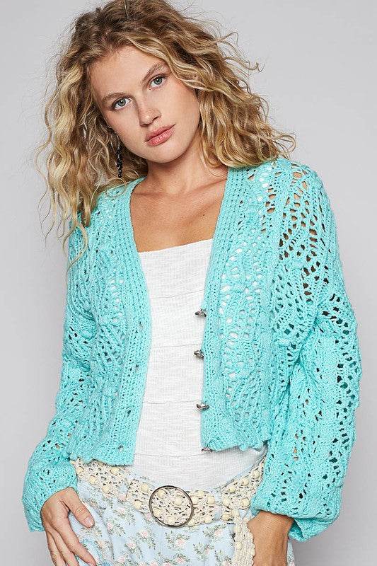 POL Cable-Knit Openwork V-Neck Button Up Cardigan - Mayzelyn Shop