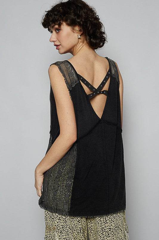 POL Lace Detail Studded Crisscross Back V-Neck Sleeveless Top - Mayzelyn Shop