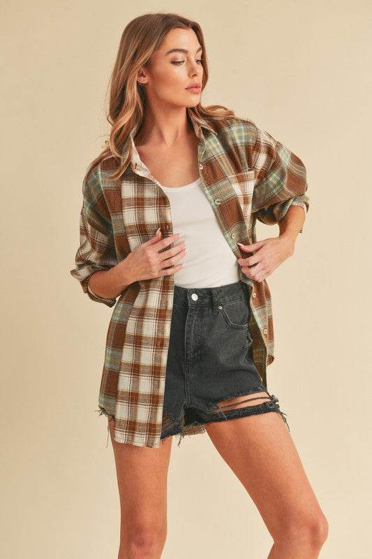 Aemi + Co Frayed Hem Plaid Button Up Flannel Shirt - Mayzelyn Shop