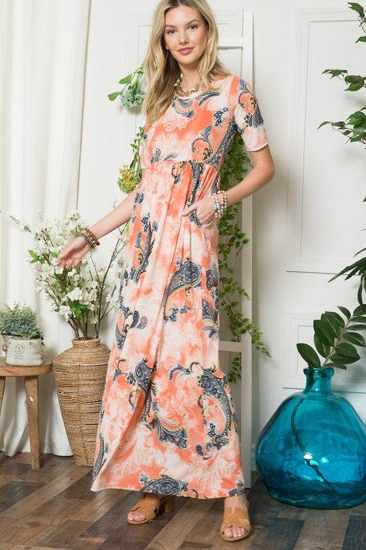 Celeste Paisley Print Short Sleeve Maxi Dress with Pockets - Mayzelyn Shop