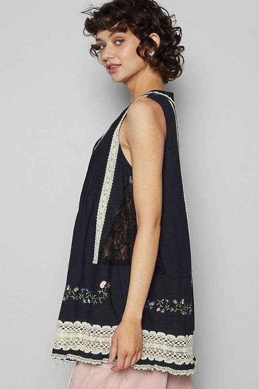 POL Embroidered Lace Detail V-Neck Sleeveless Top - Mayzelyn Shop