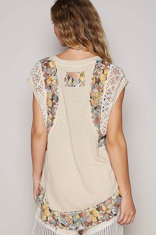 POL Floral Frayed Hem Crochet Cap Sleeve Top - Mayzelyn Shop