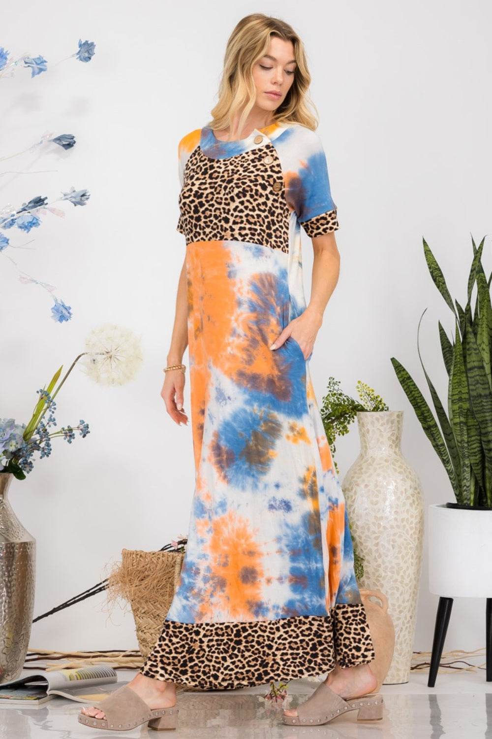 Celeste Full Size Leopard Tie-Dye Button Detail Short Sleeve Maxi Dress Plus Size - Mayzelyn Shop