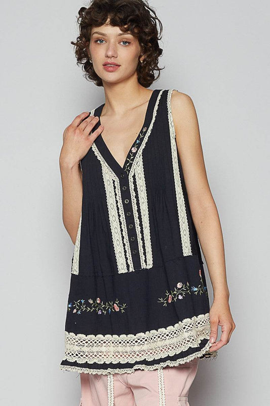 POL Embroidered Lace Detail V-Neck Sleeveless Top - Mayzelyn Shop