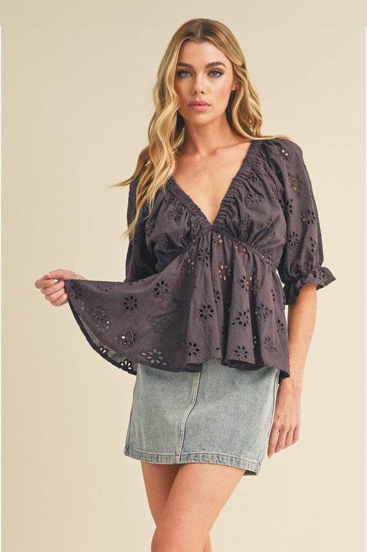 Aemi + Co Eyelet Embroidered V-Neck Half Sleeve Peplum Blouse - Mayzelyn Shop