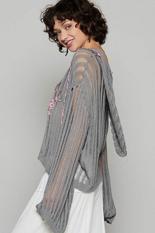 POL Floral Print Star Patch Lightweight Hooded Knit Cover Up - Mayzelyn Shop