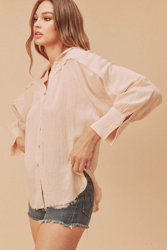 Aemi + Co Raw Hem Button Down Raglan Sleeve Shirt - Mayzelyn Shop