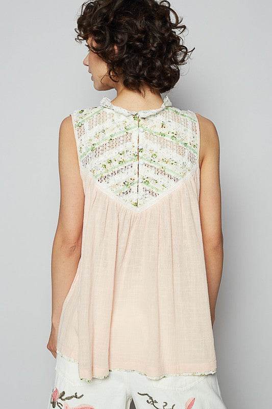 POL Lace Detail Floral Sleeveless Rayon Gauze Top - Mayzelyn Shop