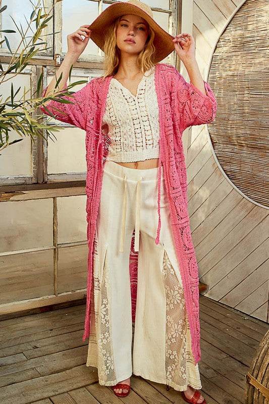 POL Tied Crochet 3/4 Sleeve Longline Cardigan - Mayzelyn Shop