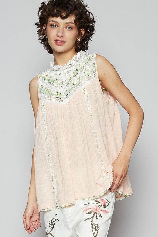 POL Lace Detail Floral Sleeveless Rayon Gauze Top - Mayzelyn Shop