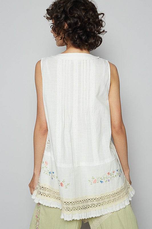 POL Embroidered Lace Detail V-Neck Sleeveless Top - Mayzelyn Shop