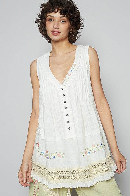 POL Embroidered Lace Detail V-Neck Sleeveless Top - Mayzelyn Shop