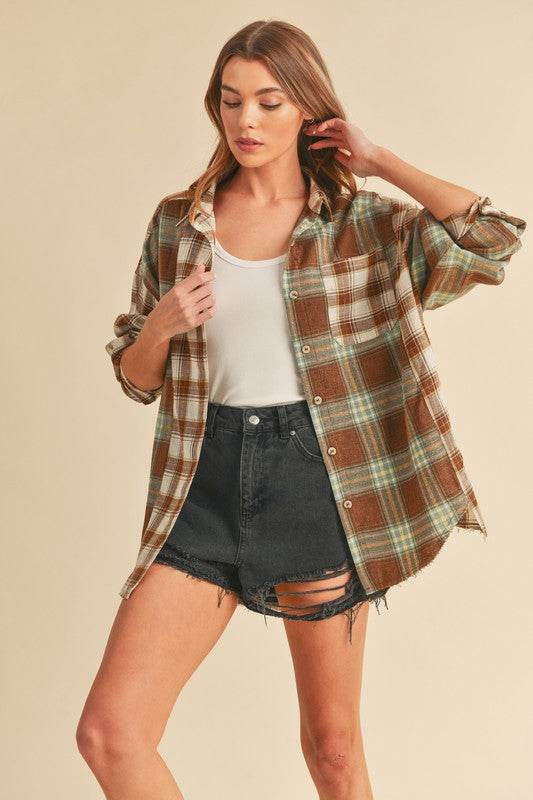 Aemi + Co Frayed Hem Plaid Button Up Flannel Shirt - Mayzelyn Shop