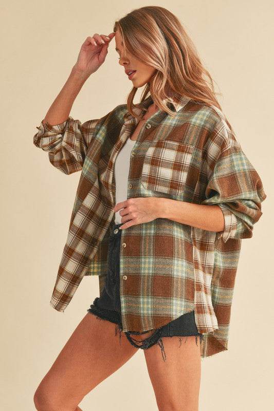 Aemi + Co Frayed Hem Plaid Button Up Flannel Shirt - Mayzelyn Shop