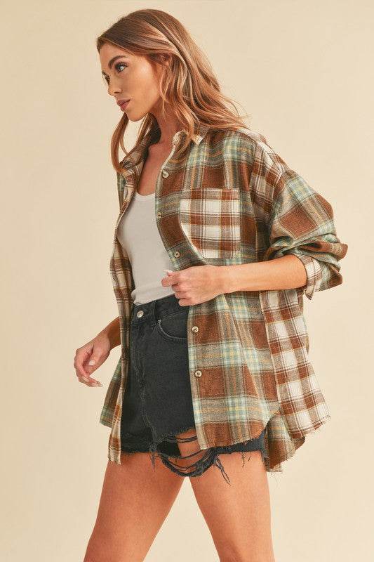 Aemi + Co Frayed Hem Plaid Button Up Flannel Shirt - Mayzelyn Shop