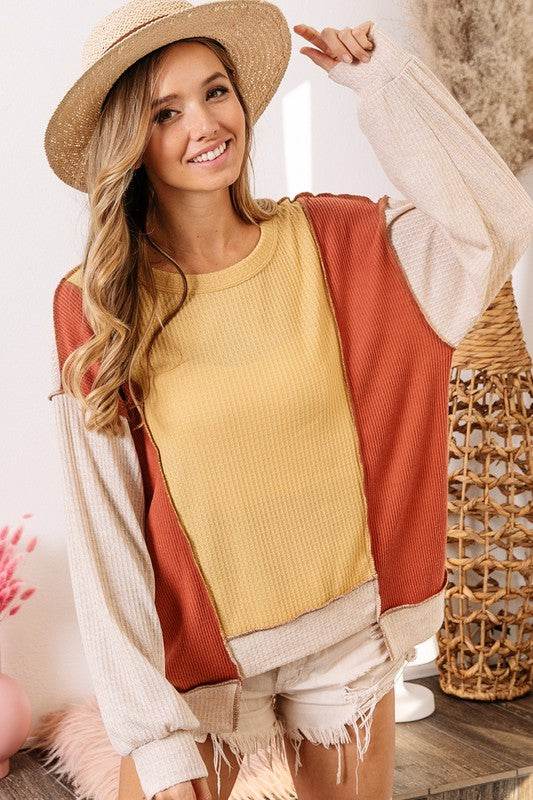 BiBi Waffle-Knit Exposed Seam Color Block Uneven Hem Top - Mayzelyn Shop