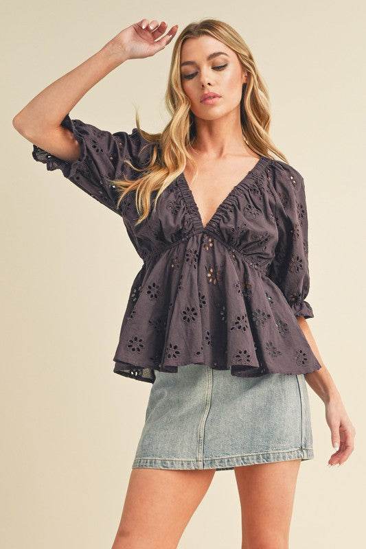 Aemi + Co Eyelet Embroidered V-Neck Half Sleeve Peplum Blouse - Mayzelyn Shop