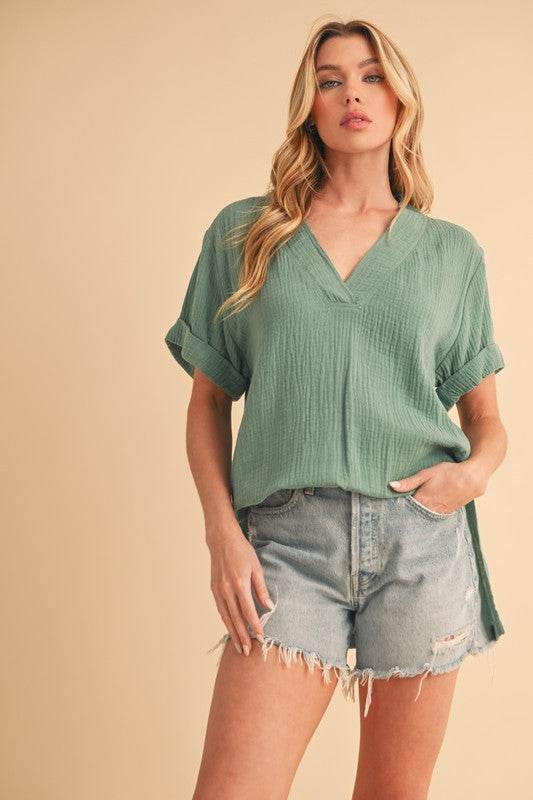 Aemi + Co Side Slit V-Neck Short Sleeve Blouse - Mayzelyn Shop