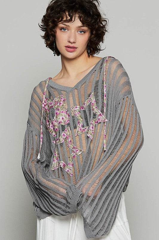 POL Floral Print Star Patch Lightweight Hooded Knit Cover Up - Mayzelyn Shop