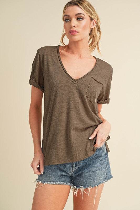 Aemi + Co Side Slit V-Neck Short Rolled Sleeve T-Shirt - Mayzelyn Shop