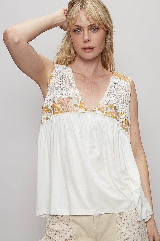 POL Lace Detail Frill Floral V-Neck Sleeveless Top - Mayzelyn Shop